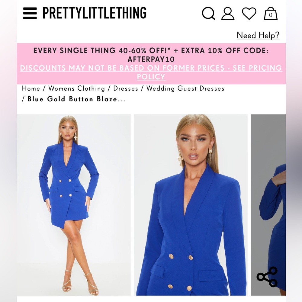 PrettyLittleThing US Size 12 Royal Blue Gold Button Blazer Dress NWOT